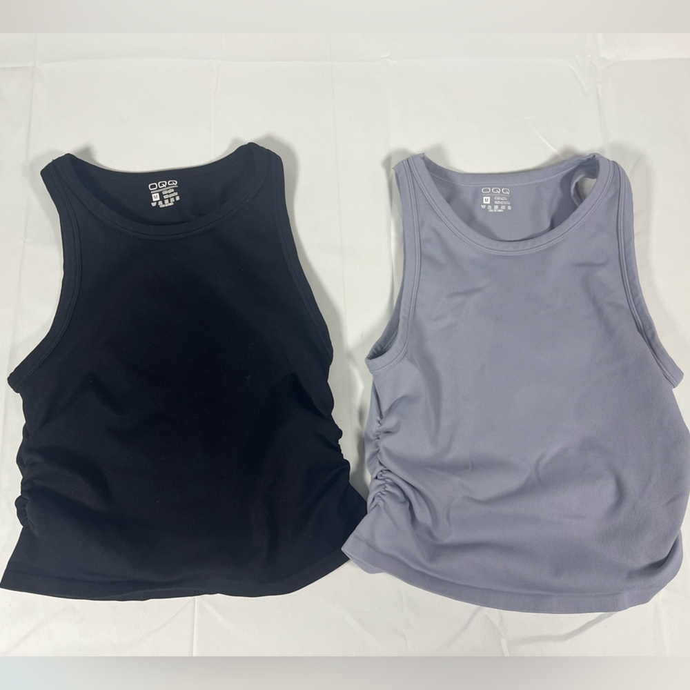 OQQ Ribbed Tank Top Bundle Ruched Sides Black & Lavender Size M